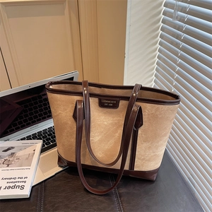 Women's Vintage PU Leather Large Tote Bag Minimalist Contrast Color Shoulder Bag Trendy Street Style Commuter Handbag