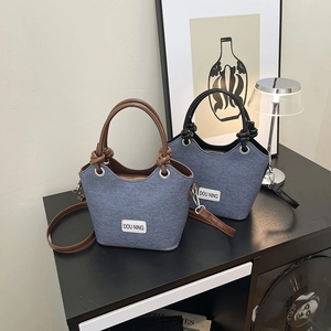 Sac Seau pour Femmes en Cuir PU Texture Denim Poignée Nouée Sac à Bandoulière Décontracté Quotidien Sac à Main pour Femmes