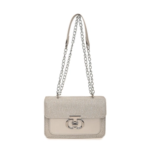 Elegant champagne gold shoulder bag with sparkling fabric, flip cover, and chain strap
