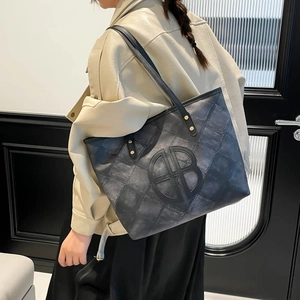 Retro grey leather tote bag with checkerboard patchwork pattern and long straps for women