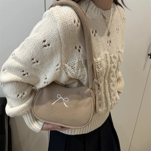 Fashionable khaki corduroy small square shoulder bag with white bow embroidery