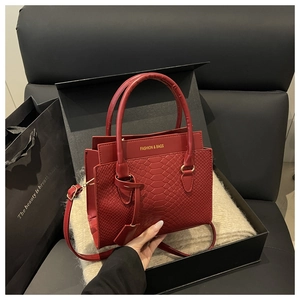 Close-up of red crocodile embossed mini bag with gold metal hardware and gift box