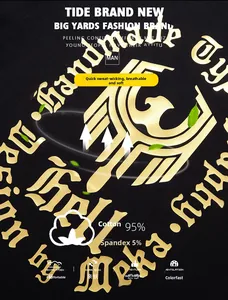 Macro detail of breathable cotton fabric with premium gold graphic print on black T-shirt