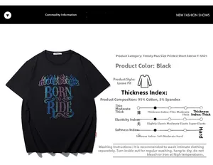 Detail of black cotton T-shirt featuring colorful Born To Ride gradient print and sizing info