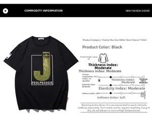 Détail d'un t-shirt noir en coton avec imprimé J en strass et détails de composition