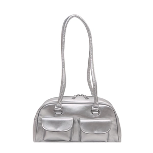 Silver metallic Boston shoulder bag with dual front pockets and sleek long straps