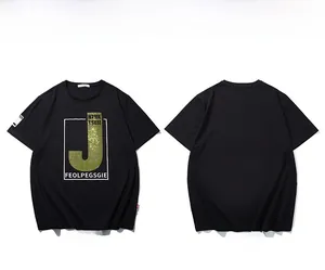 Détail recto-verso d'un t-shirt noir oversize avec imprimé J doré et étiquette de marque