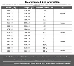 Guide des tailles détaillé pour t-shirts imprimés grande taille du M jusqu'au 12XL