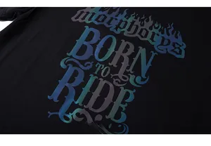 Macro shot of colorful reflective morphorys print on black cotton oversized t-shirt