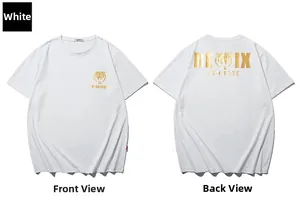 Vue détaillée d'un t-shirt blanc en coton avec imprimé tigre doré et lettrage style urbain