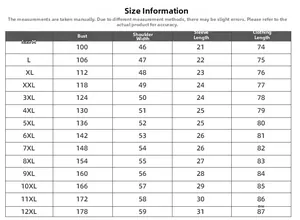 Detailed size chart for oversized printed T-shirts ranging from M to 12XL measurements