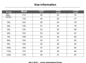 Tableau des tailles pour T-shirt graphique oversize avec mesures de XL à 12XL grande taille
