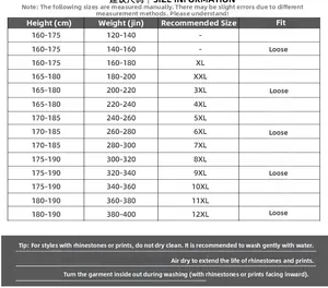 Tableau des tailles détaillé pour T-shirts grandes tailles du XL au 12XL avec conseils