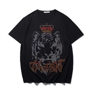 T-Shirt Homme Grande Taille en Coton Élasthanne Strass Motif Tête de Tigre Couronne Ample Manches Courtes Été Casual
