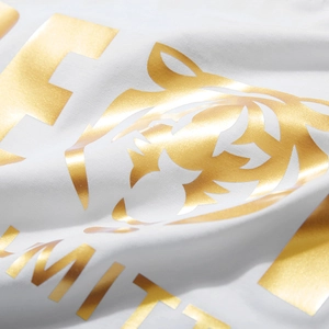 T-shirt homme en coton blanc avec impression dorée métallique d'une tête de tigre