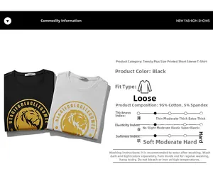 Detail view of cotton T-shirt featuring gold lion print and fabric composition chart