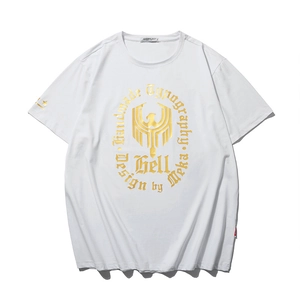 White oversized cotton T-shirt featuring a large golden vintage eagle graphic and typography