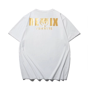 T-shirt blanc ample en coton pour homme avec imprimé tigre doré et texte REIX au dos