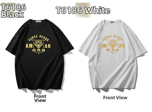 Front view of black and white oversized t-shirts featuring gold tiger head and letter prints
