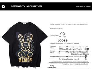 Size chart showing black cotton oversized T-shirt with rhinestone rabbit design