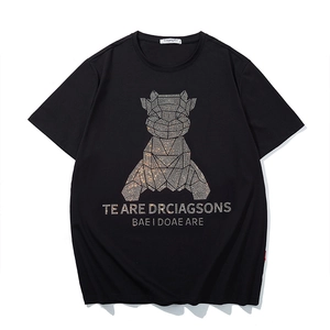 Men's oversized black cotton T-shirt with sparkling rhinestone geometric bear design