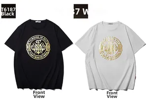 Detail of round neck T-shirt with gold foil emblem print in black and white styles