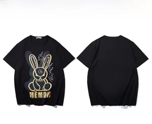 Front and back detail of a black street style T-shirt with golden glitter rabbit graphics