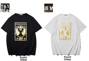 Front detail of black and white T-shirts with metallic gold deer and letter print