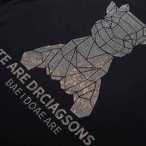 Streetwear black oversized T-shirt with geometric rhinestone bear and graphic text