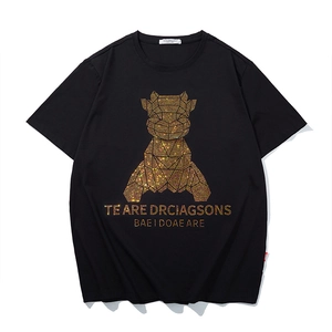 Men's oversized black T-shirt with gold geometric bear rhinestone graphic print