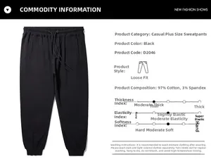 Detail view of black drawstring waist joggers made of 97% cotton with side pocket