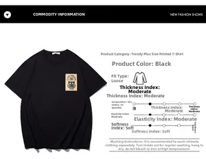 Close-up of Steve Karlson graphic tiger patch and size chart on black cotton T-shirt