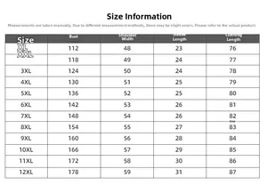 Detailed size chart for oversized eagle print t-shirt ranging from XL to 12XL measurements