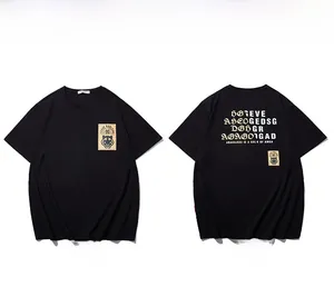 Detailed flat lay of black t-shirt with tiger patch and gothic back lettering