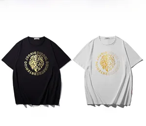 Detail of t-shirts with golden lion prints in black and white styles, round neck cotton