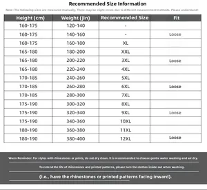 Detailed size chart for oversized printed T-shirt ranging from XL to 12XL fitting up to 200kg