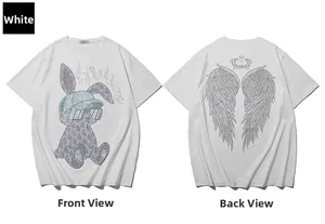 Front and back view of white cotton T-shirt featuring rabbit and wing rhinestone patterns