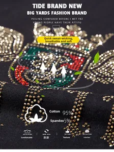 Detail of premium cotton fabric with colorful crown rhinestone design and material specs