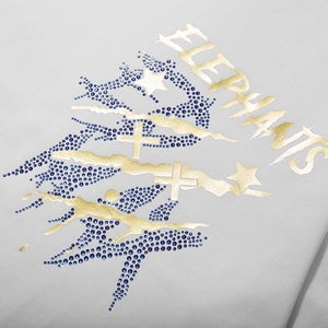 T-shirt blanc oversize avec imprimé ELEPHANTS doré et détails en strass bleus