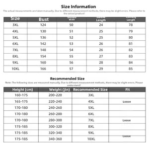 Detailed size chart for men's plus size t-shirt showing dimensions from 3XL to 10XL