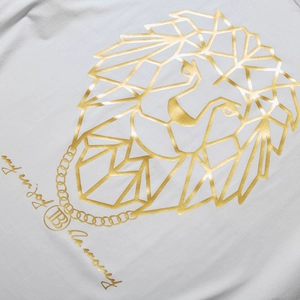 Men's oversized white t-shirt with golden geometric lion and chain foil print