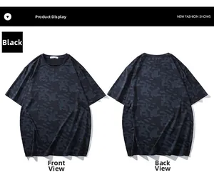 Vue à plat du t-shirt de sport noir à séchage rapide avec motif camouflage jacquard