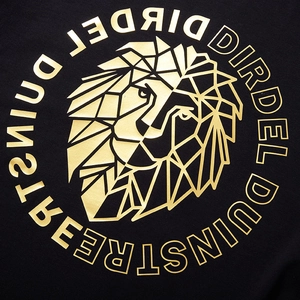 Plus size black cotton t-shirt featuring a large golden geometric lion head graphic