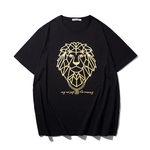 Black oversized T-shirt with gold lion head graphic and luxury geometric print