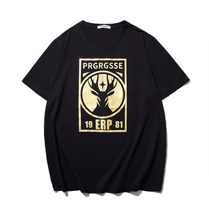 Men's loose black cotton t-shirt featuring a golden deer head graphic and lettering