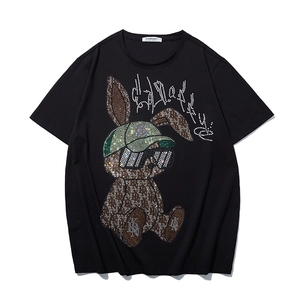 Men's Plus Size Rhinestone Bunny T-Shirt Loose Fit Cotton Short Sleeve Streetwear Graphic Tee Black White Top XL-12XL