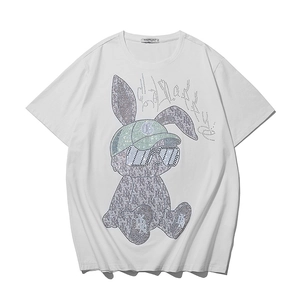 White oversized cotton T-shirt with rhinestone cartoon rabbit graphic and crew neck