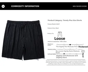 Detailed chart showing 100% cotton material and size specs for men's casual shorts