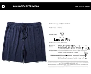 Detail showing 100% cotton fabric texture and drawstring on deep blue relaxed shorts