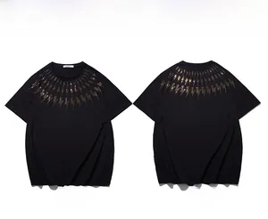 Detailed front and back view of black cotton T-shirt with gold lightning bolt neckline print